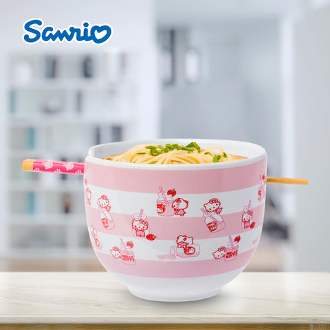 Silver Buffalo Sanrio Hello Kitty Strawberry Milk Pattern Ceramic Ramen Noodle Rice Bowl with Chopsticks, Microwave Safe, 20 Ounces
