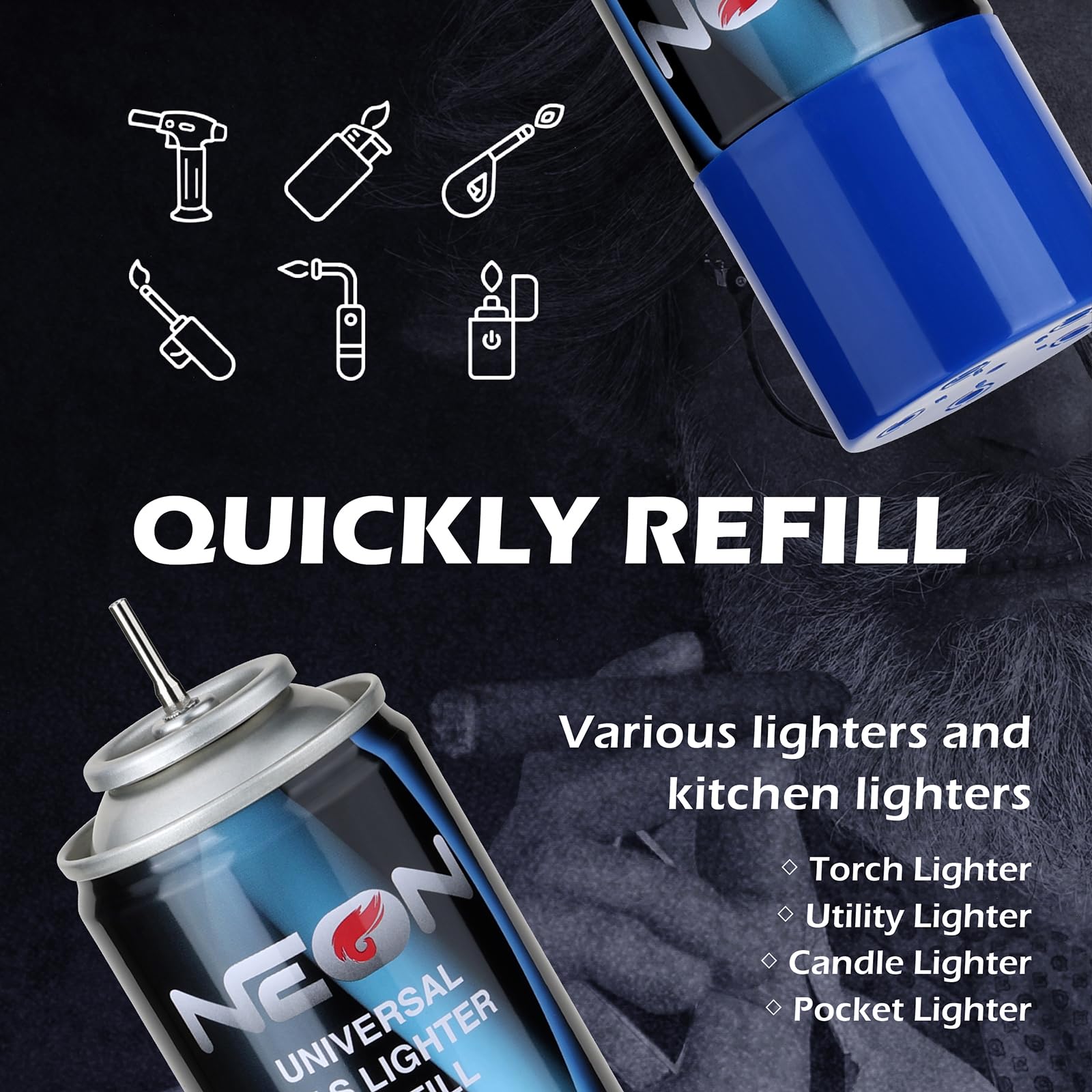NEON Butane Refill, 300ml 7X Filtered Premium Butane Fuel, 12 Cans Pure Refined Lighter Fluid with 0 Impurities & 5 Butane Gas Adapters for Refillable Lighters, Butane Torches, Kitchen Blow Torch
