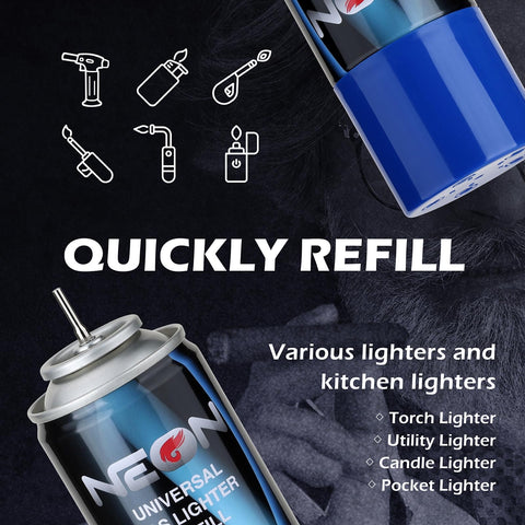 NEON Butane Refill, 300ml 7X Filtered Premium Butane Fuel, 12 Cans Pure Refined Lighter Fluid with 0 Impurities & 5 Butane Gas Adapters for Refillable Lighters, Butane Torches, Kitchen Blow Torch