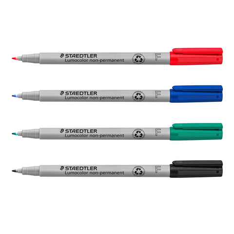 Staedtler Lumograph Non-Permanent Wet Erase Marker Pens, Fine Tip Refillable Colored Markers, 4 Pack, 315 WP4