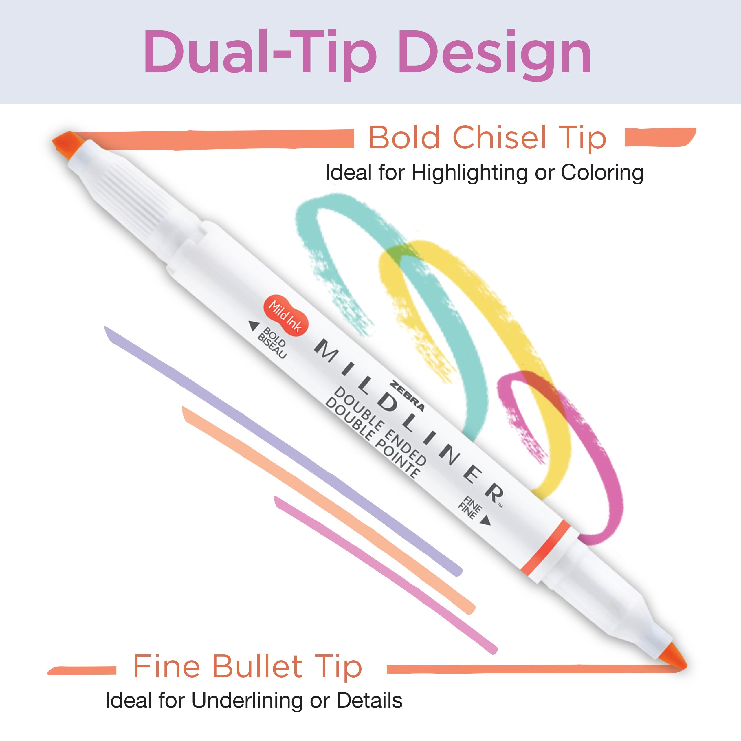 Zebra Pen Mildliner Dual-Tip Highlighter Marker Set, Broad and Fine Tips, No Bleed, Ideal for Bible Highlighting, Journaling, School and Office Supplies, Assorted Soft Hue Ink Colors, 8-Pack (78108)
