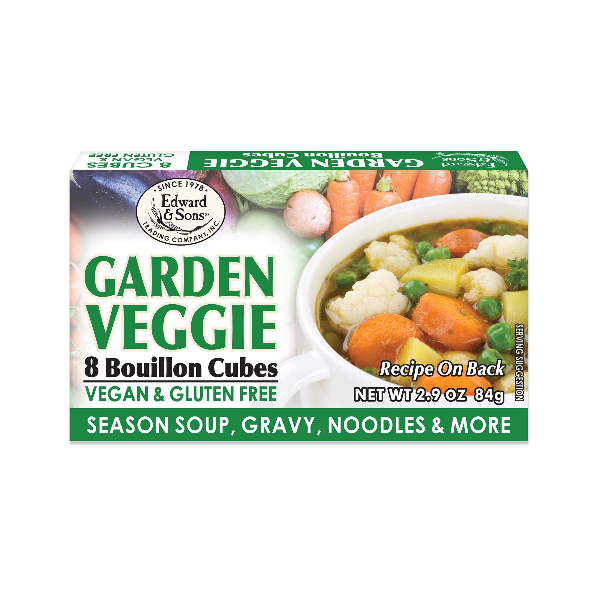 Edward & Sons Garden Veggie Bouillon Cubes - Organic Vegetable Bouillon, Vegan Broth Cubes, Stock Cubes, Gluten Free, No Trans Fat, Use in Soups, Stews and Pilafs (8 Cubes of Each) - Pack of 1