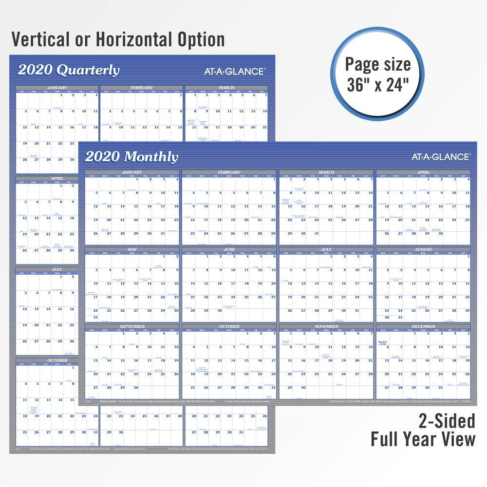2021 Erasable Calendar, Dry Erase Wall Planner by AT-A-GLANCE, 36" x 24", Large, Vertical/Horizontal, Reversible, Blue (A1102-21)