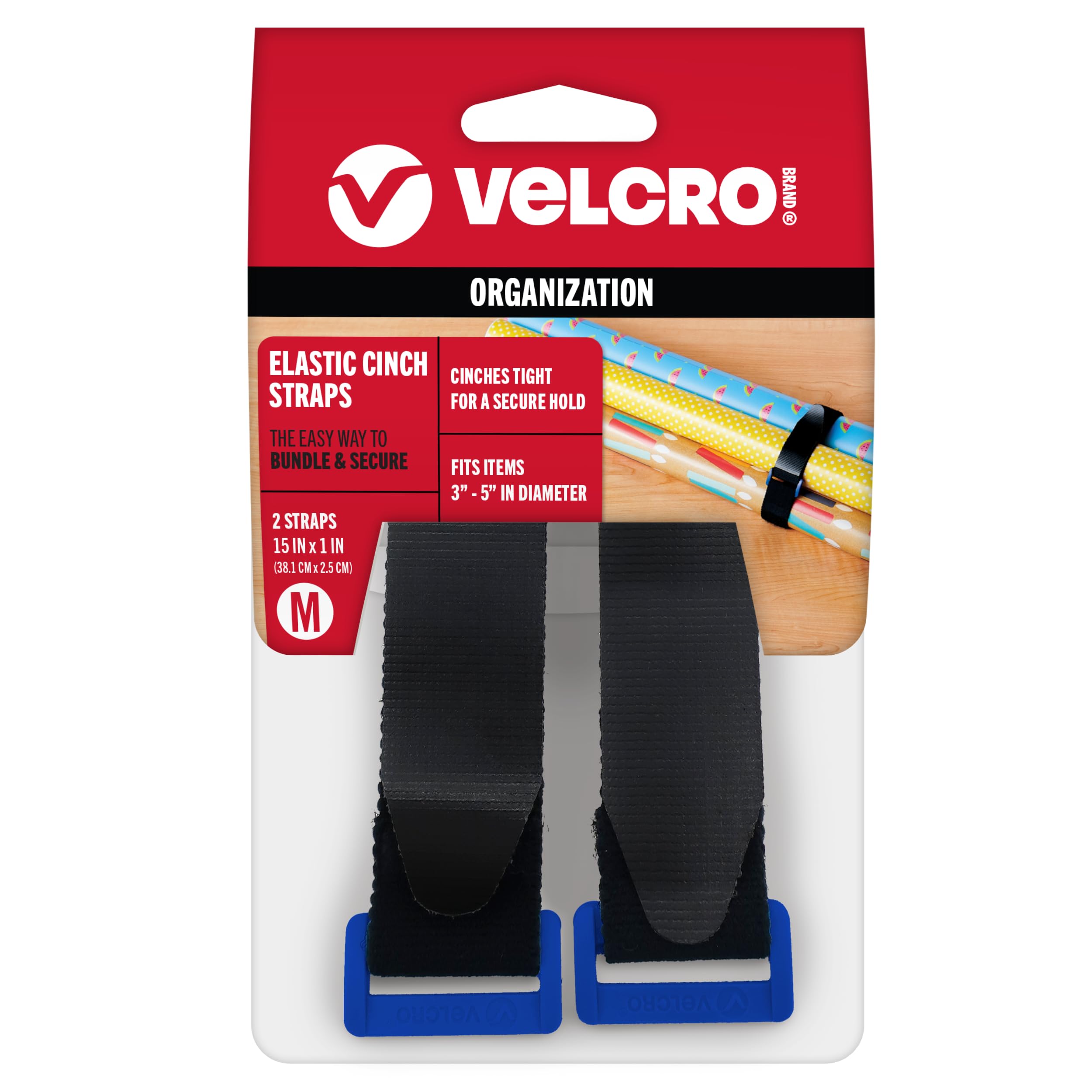 VELCRO Brand Elastic Cinch Straps with Buckle | 15in x 1in, 2 Count | Adjustable and Stretch for Snug Fit | for Fastening Power Cords Organizing Camping Equipment, More | Black (VEL-30094-USA)