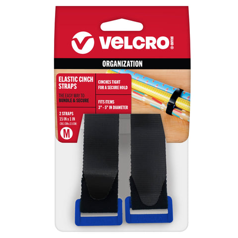 VELCRO Brand Elastic Cinch Straps with Buckle | 15in x 1in, 2 Count | Adjustable and Stretch for Snug Fit | for Fastening Power Cords Organizing Camping Equipment, More | Black (VEL-30094-USA)