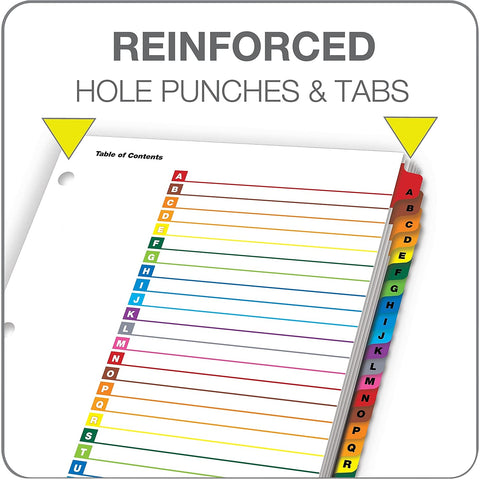 Cardinal OneStep Binder Dividers, A–Z Tab Dividers for 3 Ring Binders, Customizable Table of Contents, Reversible Multicolor Tabs, Lettered, 1 Set (60218)