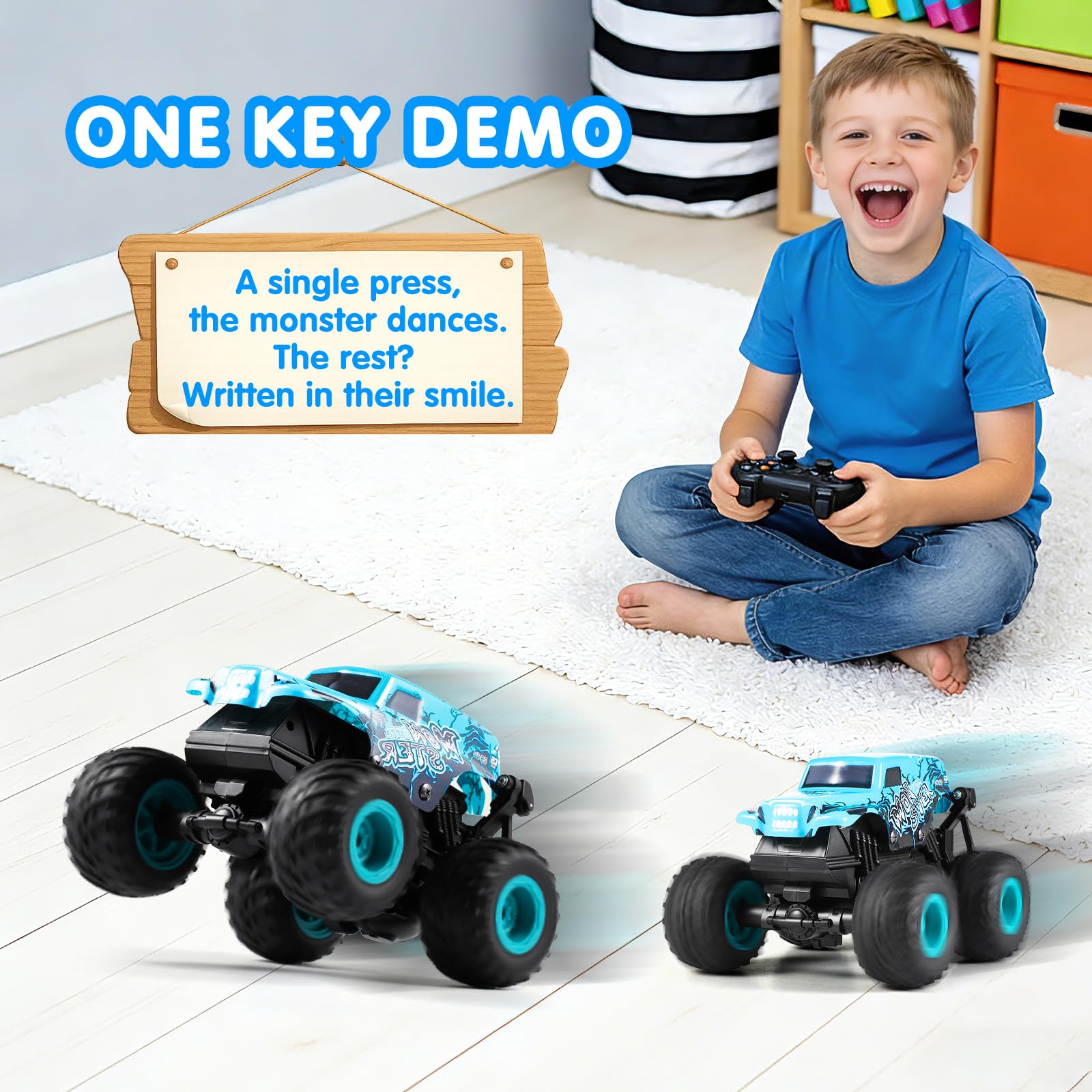 DYODYORC Remote Control Car, 2.4Ghz All Terrain Shark Monster Truck Toys, RC Truck with Music, 3 Lighting Effects, 360 Stunt Capable, 2 Batteries Ready to Run, Toy Gifts for Boys and Girls (Blue)
