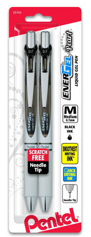 Pentel EnerGel Pearl RTX Retractable Liquid Gel Pen, (0.7mm), Medium Line, Needle Tip, Black Ink, Pack of 2 (BLN77WBP2A)