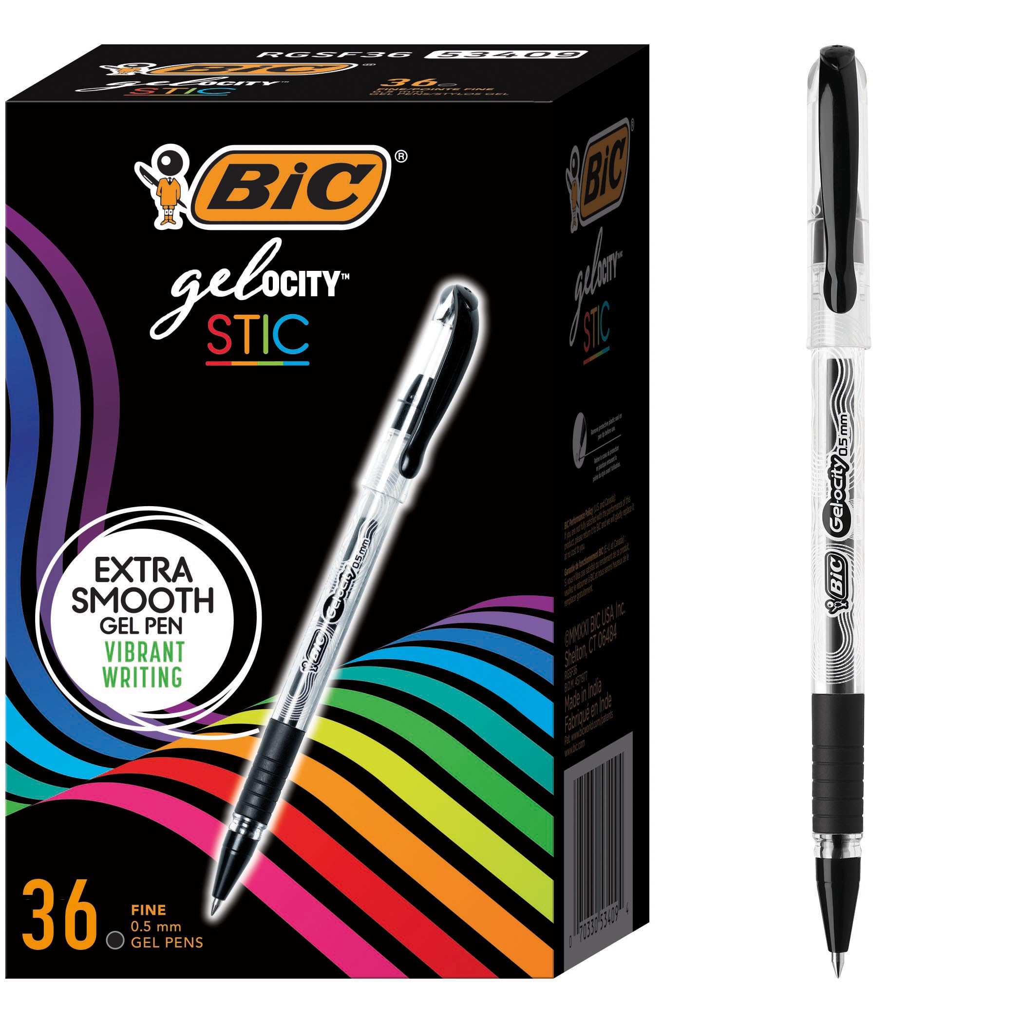 BIC Gel-ocity Smooth Stic Gel Pen, Fine Point (0.5mm), Black Ink, 36-Count, Vibrant and Smooth Gel Ink Pens