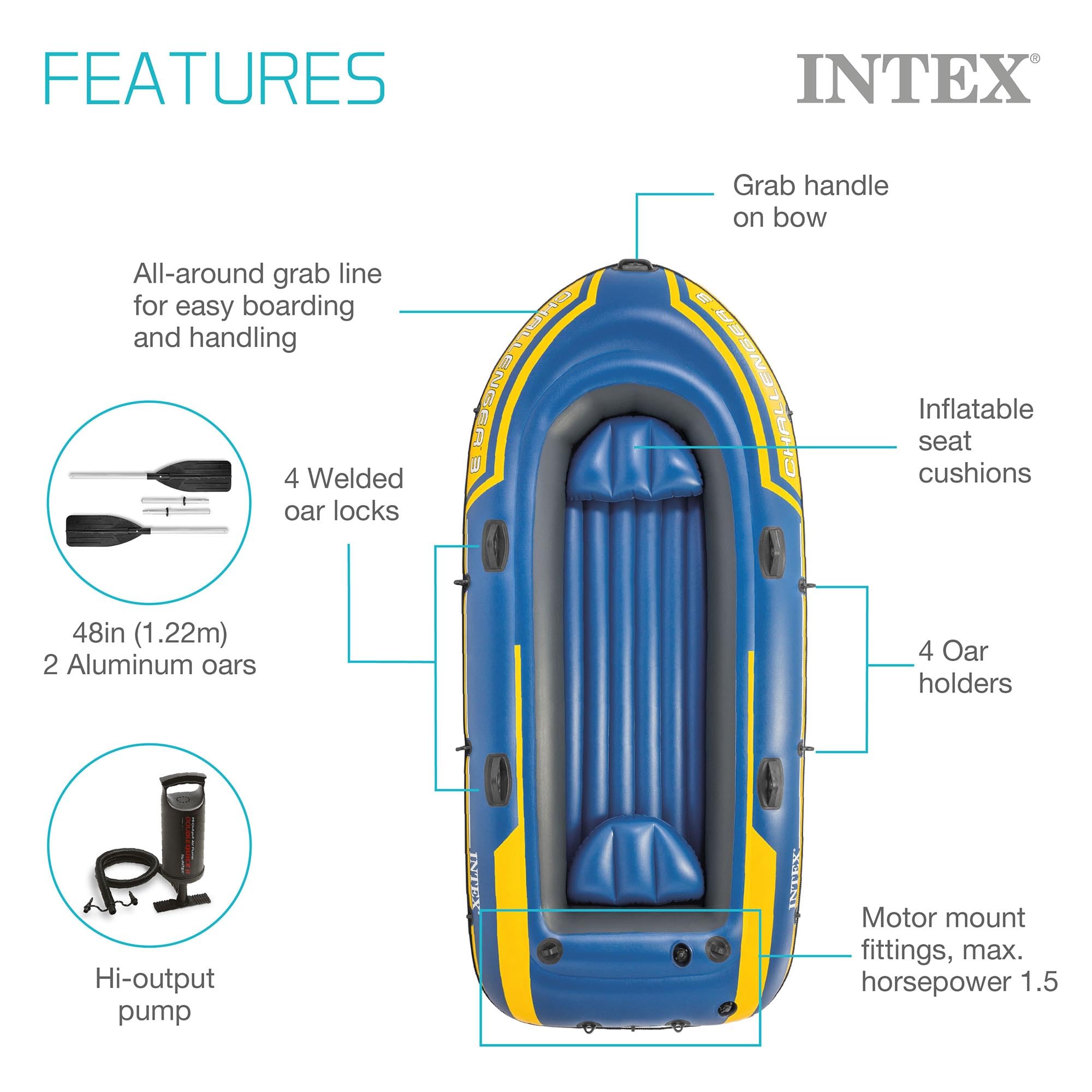 Intex 68370EP Challenger 3 Inflatable Boat Set: Includes Deluxe 48in Boat Oars and High-Output Pump - Triple Air Chambers - Welded Oar Locks - 3-Person - 660lb Weight Capacity