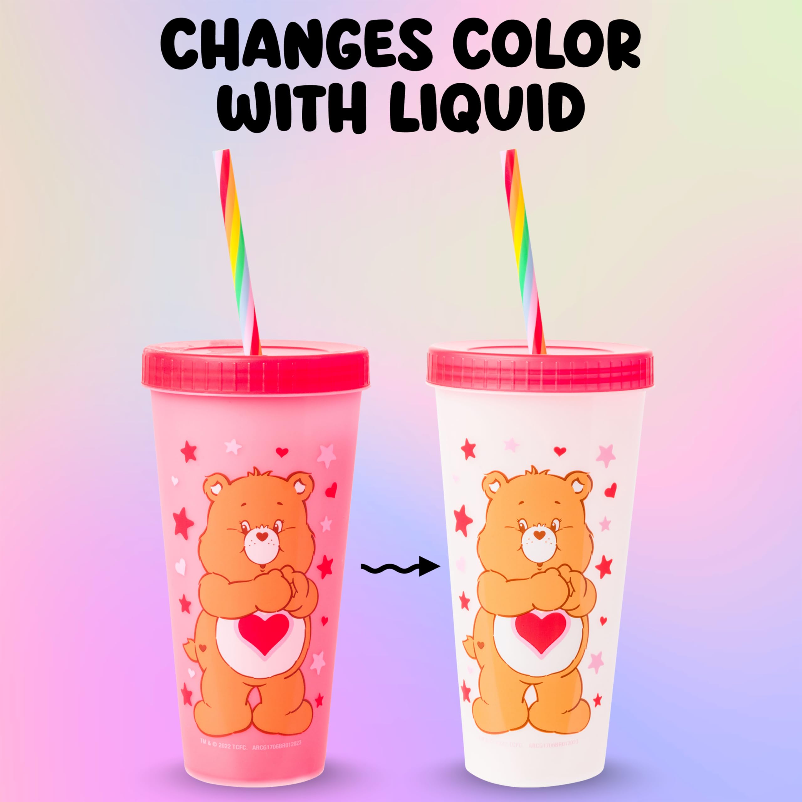 Silver Buffalo Care Bears Hearts and Stars 4 Pack Plastic Color Changing Tumblers with Rainbow Swirl Straws Featuring Tenderheart, Funshine, Cheer, and Grumpy Bear 24 Ounces