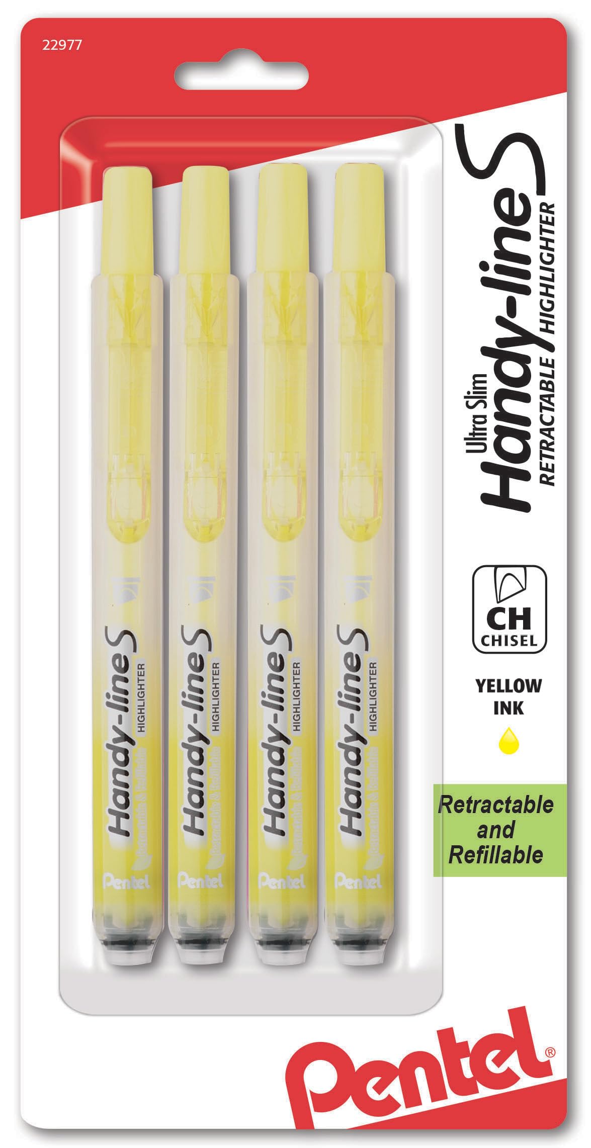 Pentel Handy-Line S Retractable Highlighter, Chisel Tip, Yellow Ink, 4/Pack (SXS15BP4G)