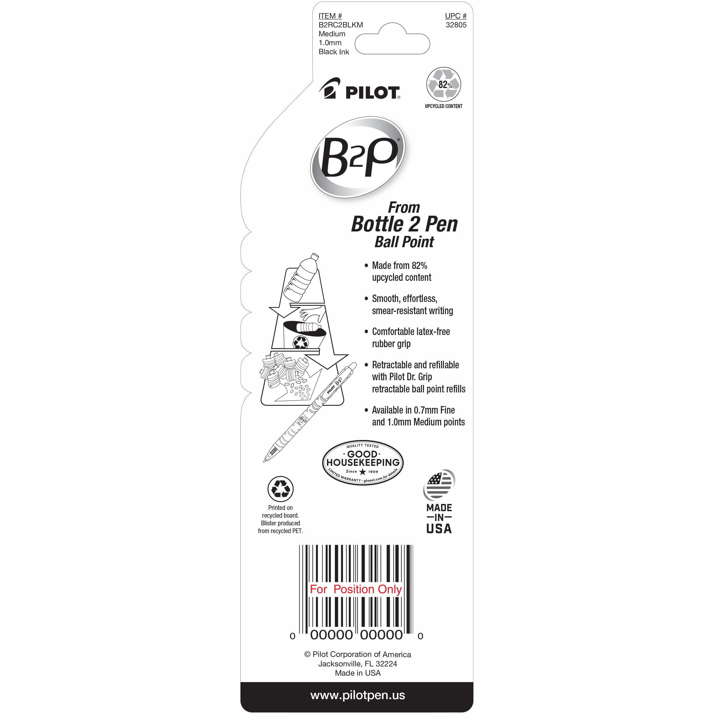 PILOT B2P - Bottle to Pen Refillable & Retractable Ball Point Pen Made From Recycled Bottles, Medium Point, Black Ink, 2-Pack (32805)