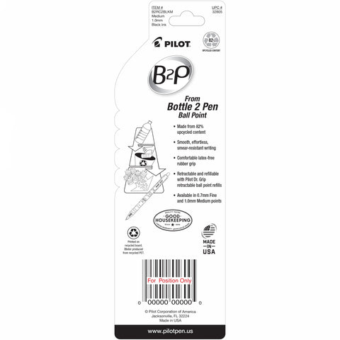 PILOT B2P - Bottle to Pen Refillable & Retractable Ball Point Pen Made From Recycled Bottles, Medium Point, Black Ink, 2-Pack (32805)