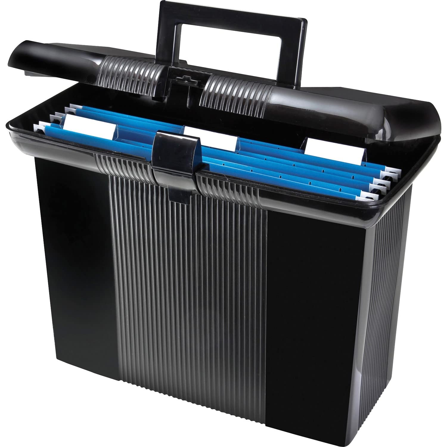 Pendaflex Portable File Box with File Rails, Hinged Lid with Double Latch Closure, Black, Includes 3 Letter Size Hanging Folders (41732)