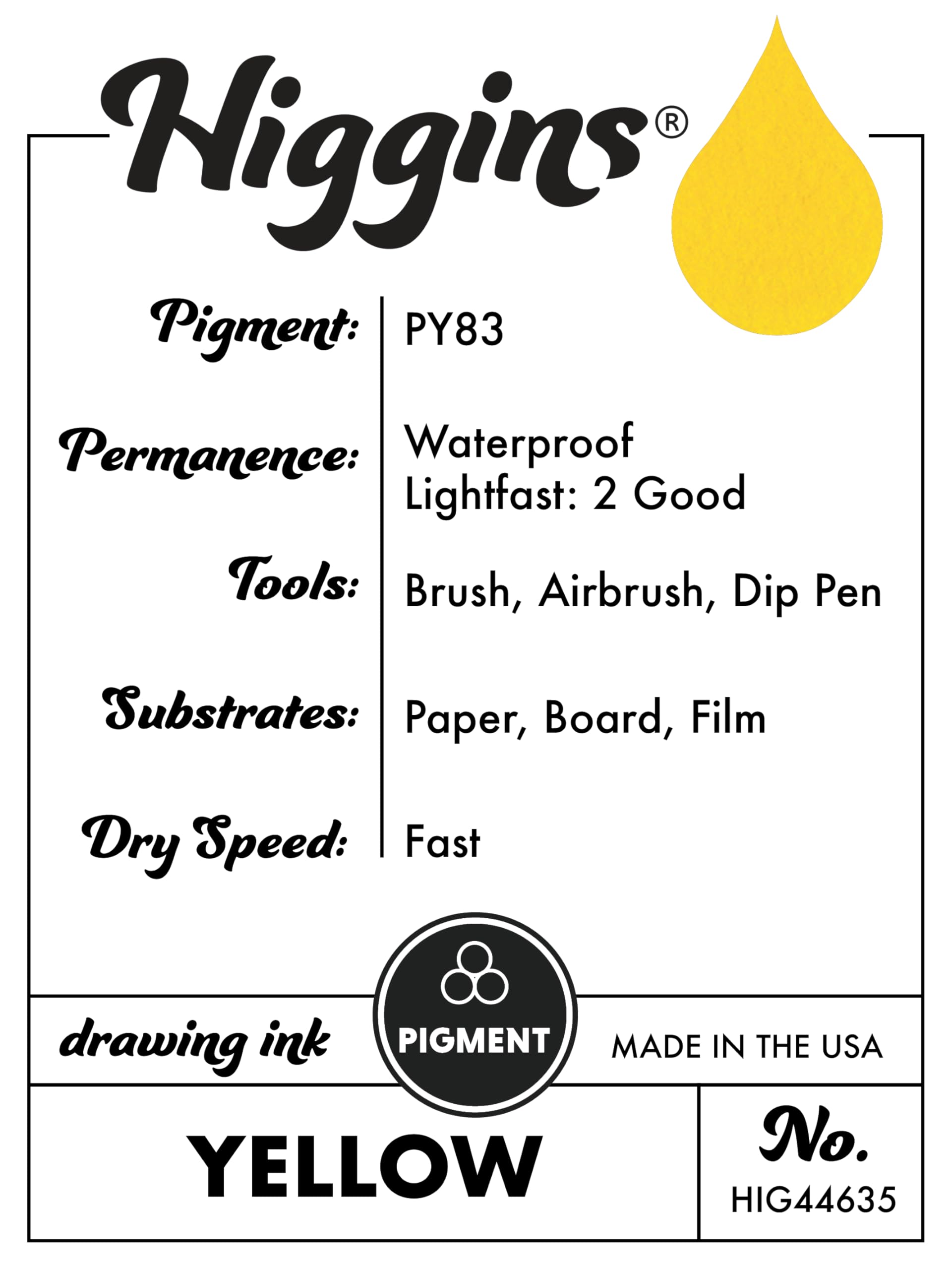 Higgins Yellow Pigmented Drawing Ink - for Artists and Students - 1 oz. Glass Bottle (HIG44635)