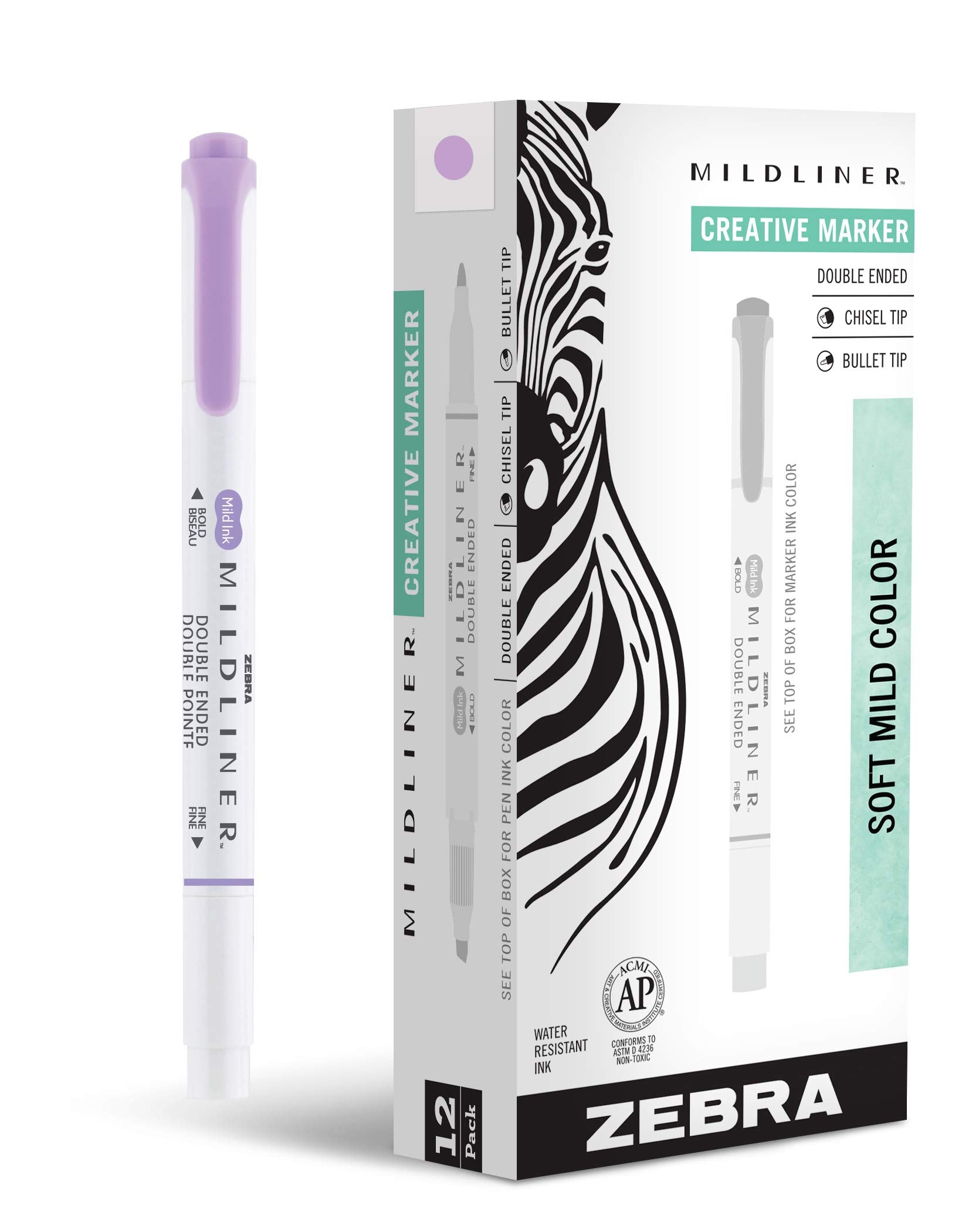 Zebra Pen Mildliner Dual-Tip Highlighters, Broad and Fine Tips, Ideal for Bible Highlighting, No Bleed, School Supplies, Teacher Supplies, and Office Supplies, Mild Violet Ink, 12-Pack (78180upc)