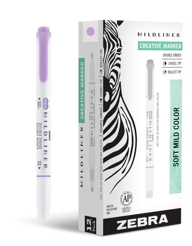 Zebra Pen Mildliner Dual-Tip Highlighters, Broad and Fine Tips, Ideal for Bible Highlighting, No Bleed, School Supplies, Teacher Supplies, and Office Supplies, Mild Violet Ink, 12-Pack (78180upc)