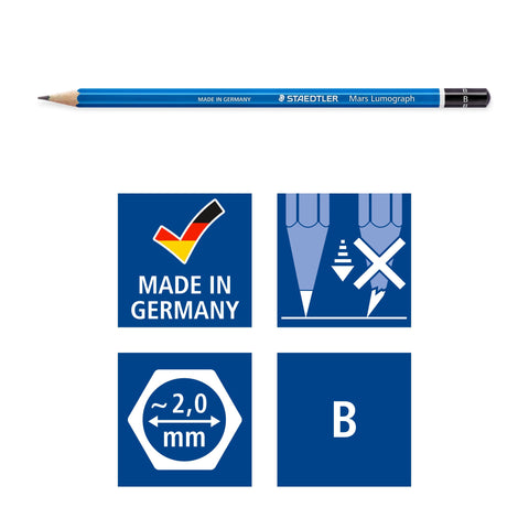 Staedtler Mars Lumograph B Graphite Art Drawing Pencil, Very Hard, Break-Resistant Bonded Lead, 12 Pack, 100-B