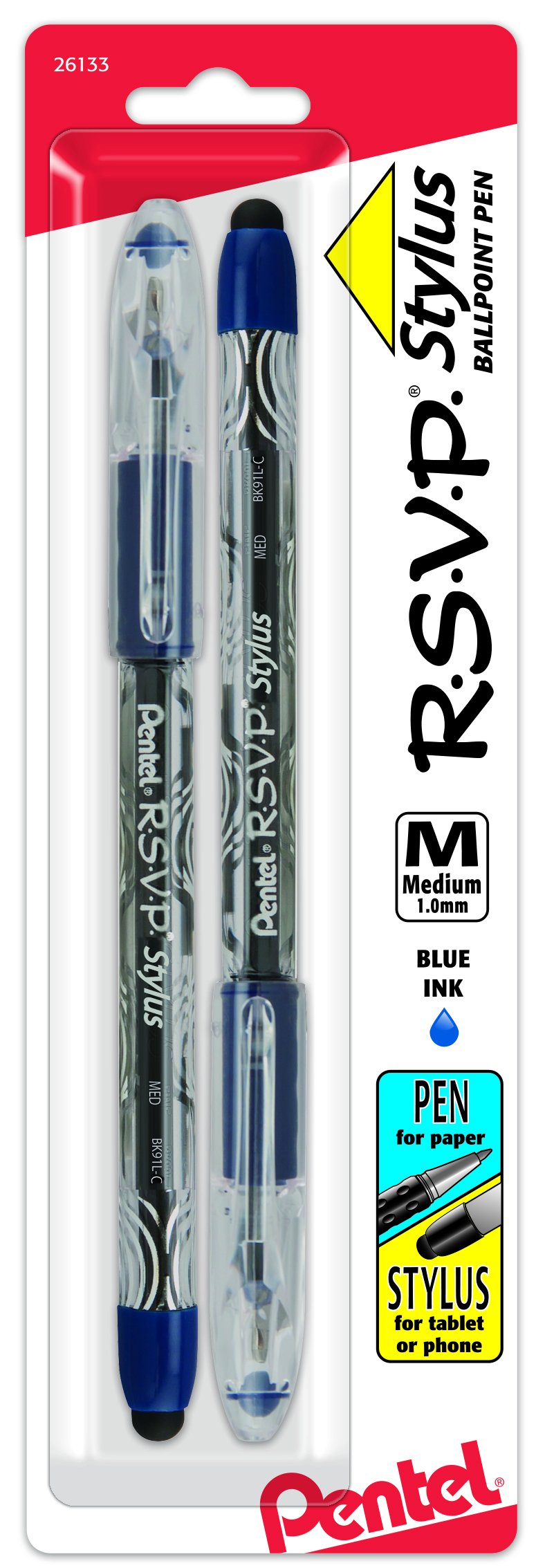 Pentel Rsvp Stylus Ballpoint Pen, Medium Line, Blue Ink, Pack of 2 (BK91LBP2C)
