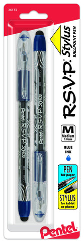 Pentel Rsvp Stylus Ballpoint Pen, Medium Line, Blue Ink, Pack of 2 (BK91LBP2C)