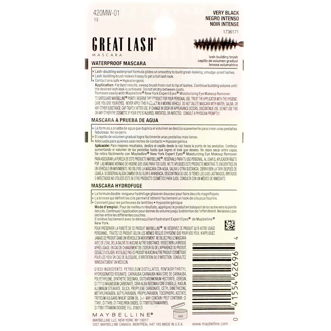 Maybelline Great Lash Waterproof Mascara, Very Black [111], 0.43 oz (Pack of 6)