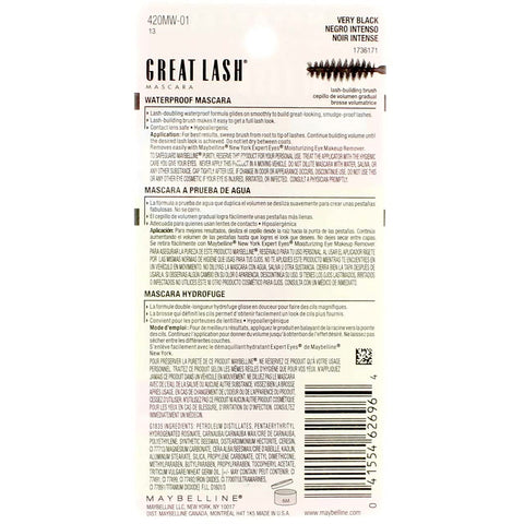 Maybelline Great Lash Waterproof Mascara, Very Black [111], 0.43 oz (Pack of 6)