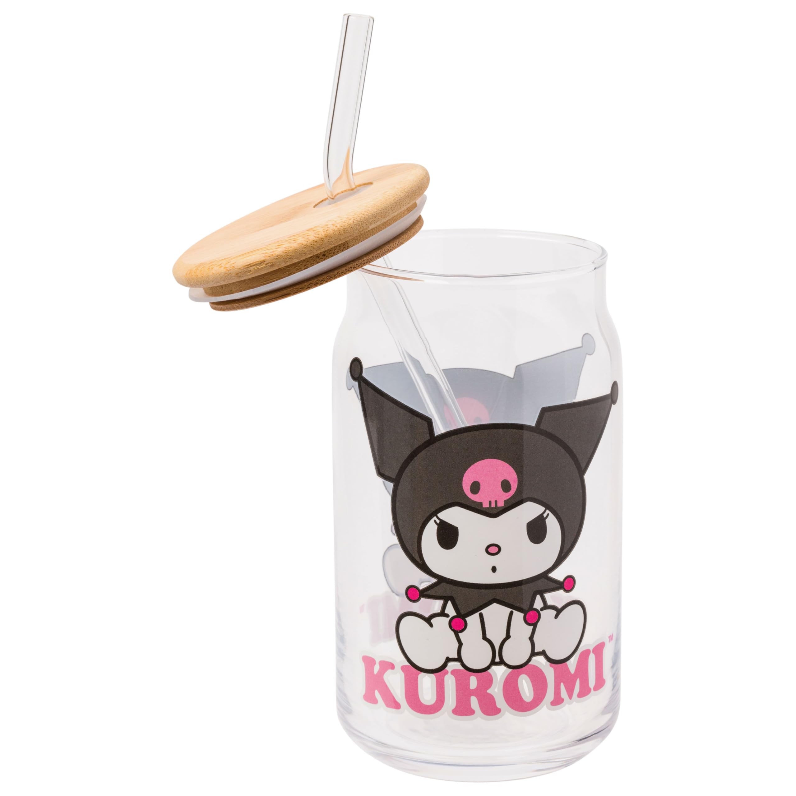 Silver Buffalo Sanrio Hello Kitty and Friends Kuromi 2 Pack Glass Jar Tumbler with Bamboo Lid and Glass Straw, 16 Ounces