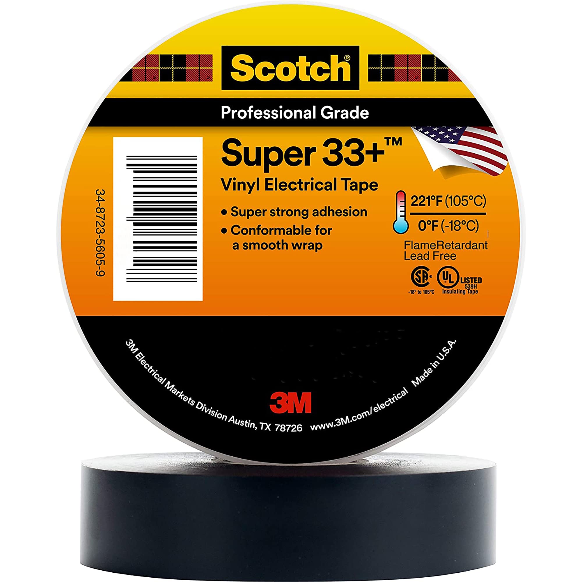 3M Scotch Super 33+ Electrical Tape - 3/4 in x 36 yds, Premium Grade All-Weather Vinyl, Resistant to Abrasion, Moisture, Corrosion, Alkalies - Black, 1 Roll
