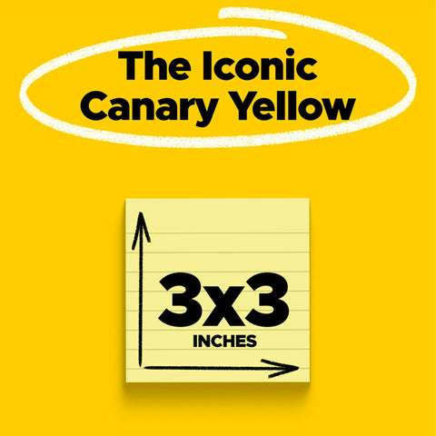 Post-it Notes, 3 in x 3 in, 12 Lined Sticky Notes Pads, 100 Sheets per Pad, The Iconic Canary Yellow Note, New Year Organization or Second Semester School Supplies