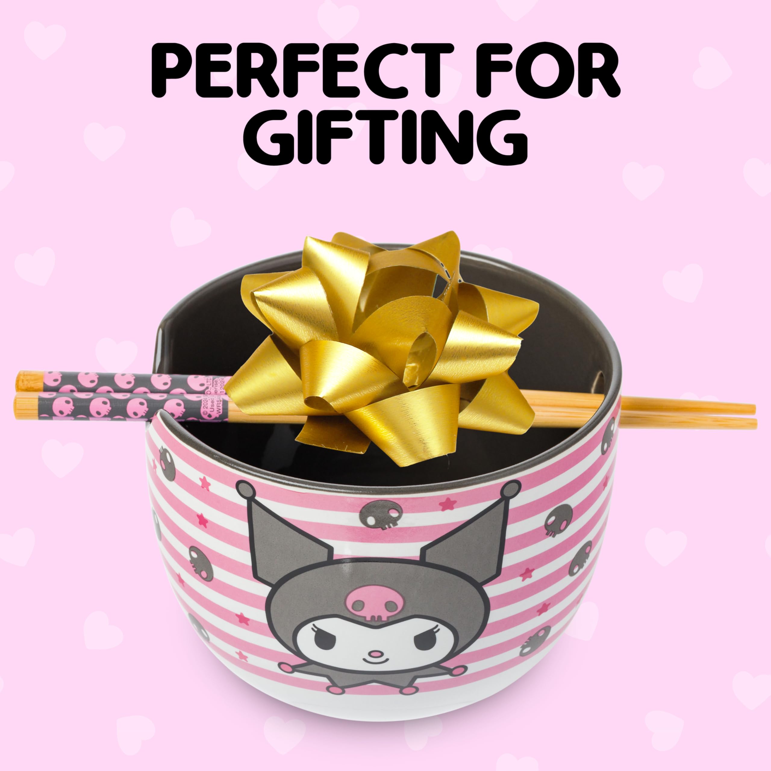 Silver Buffalo Hello Kitty and Friends Kuromi Skulls and Stars Ceramic Ramen Noodle Rice Bowl with Chopsticks, Microwave Safe, 20 Ounces