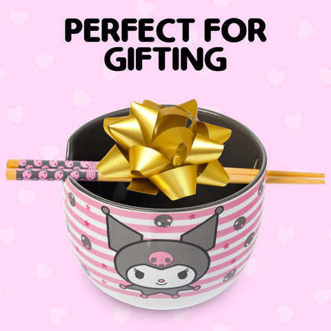 Silver Buffalo Hello Kitty and Friends Kuromi Skulls and Stars Ceramic Ramen Noodle Rice Bowl with Chopsticks, Microwave Safe, 20 Ounces