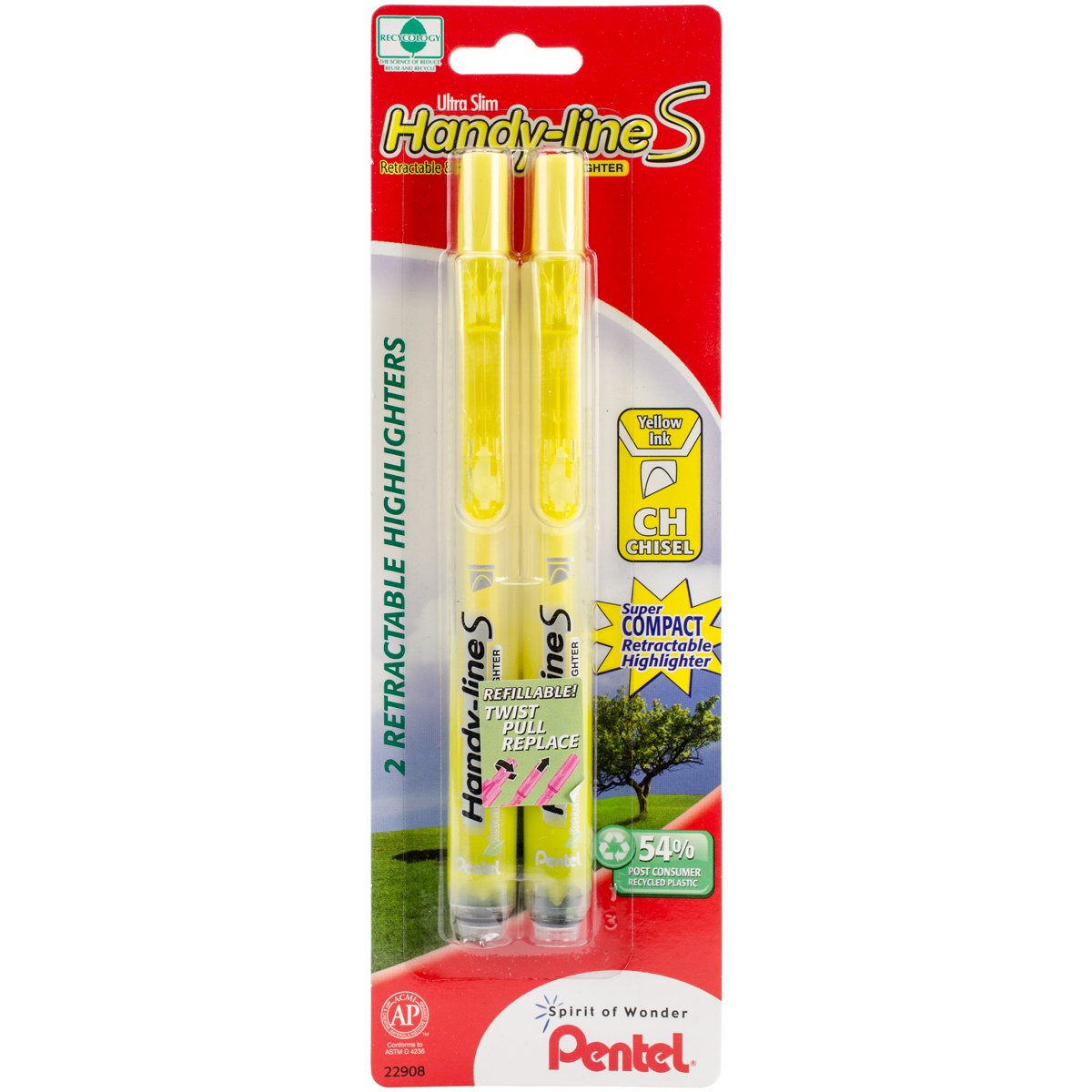 Pentel Handy-Line S Retractable Highlighter, Chisel Tip, Yellow Ink, 2/ Pack (SXS15BP2G)