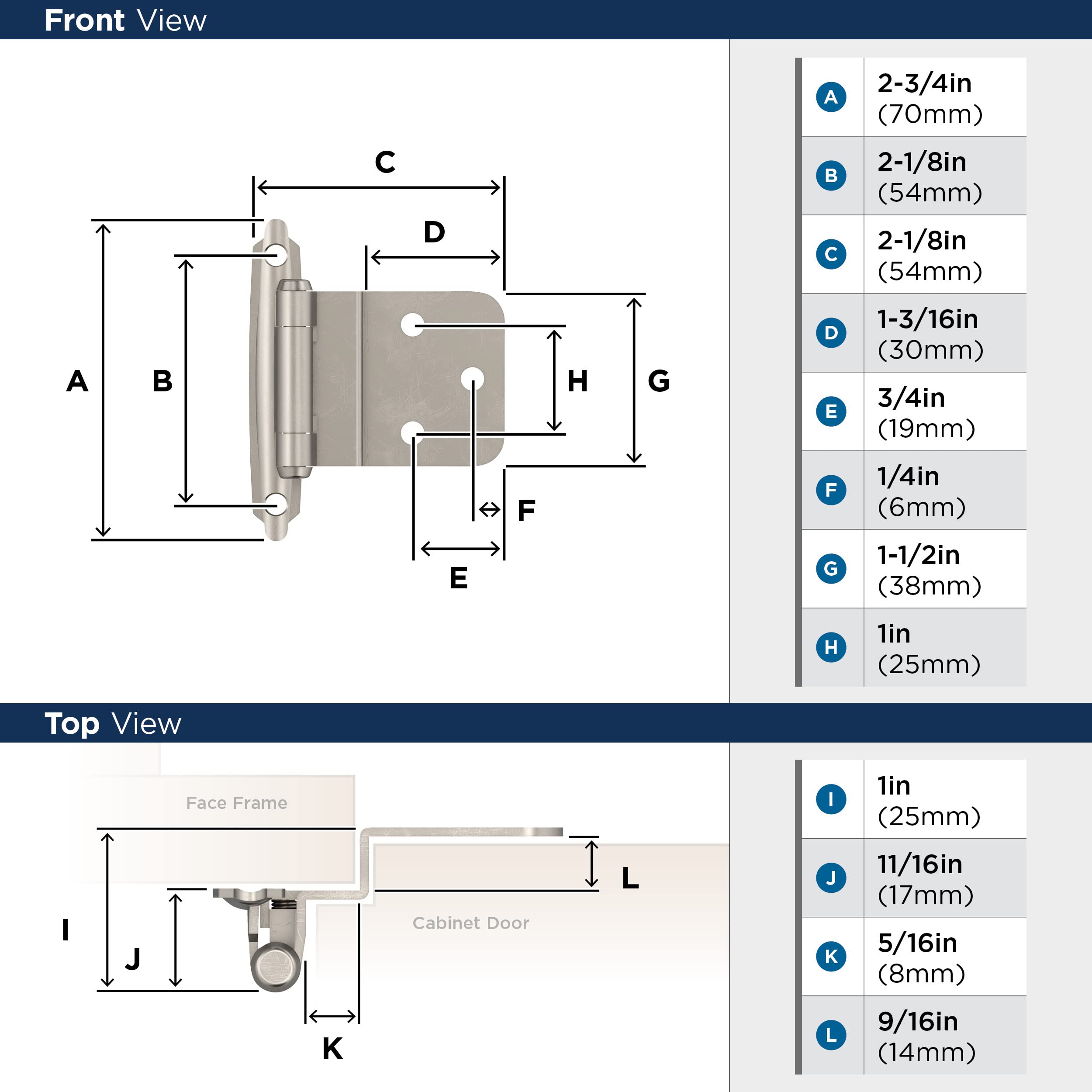 Amerock | Cabinet Hinge | 3/8 inch (10 mm) Inset | Satin Nickel | 2 Pack | Self-Closing | Face Mount | Cabinet Door