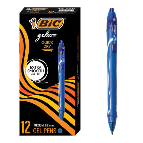 BIC Gelocity Quick Dry Blue Gel Pens, Medium Point (0.7mm), 12-Count Pack, Retractable Gel Pens with Comfortable Full Grip