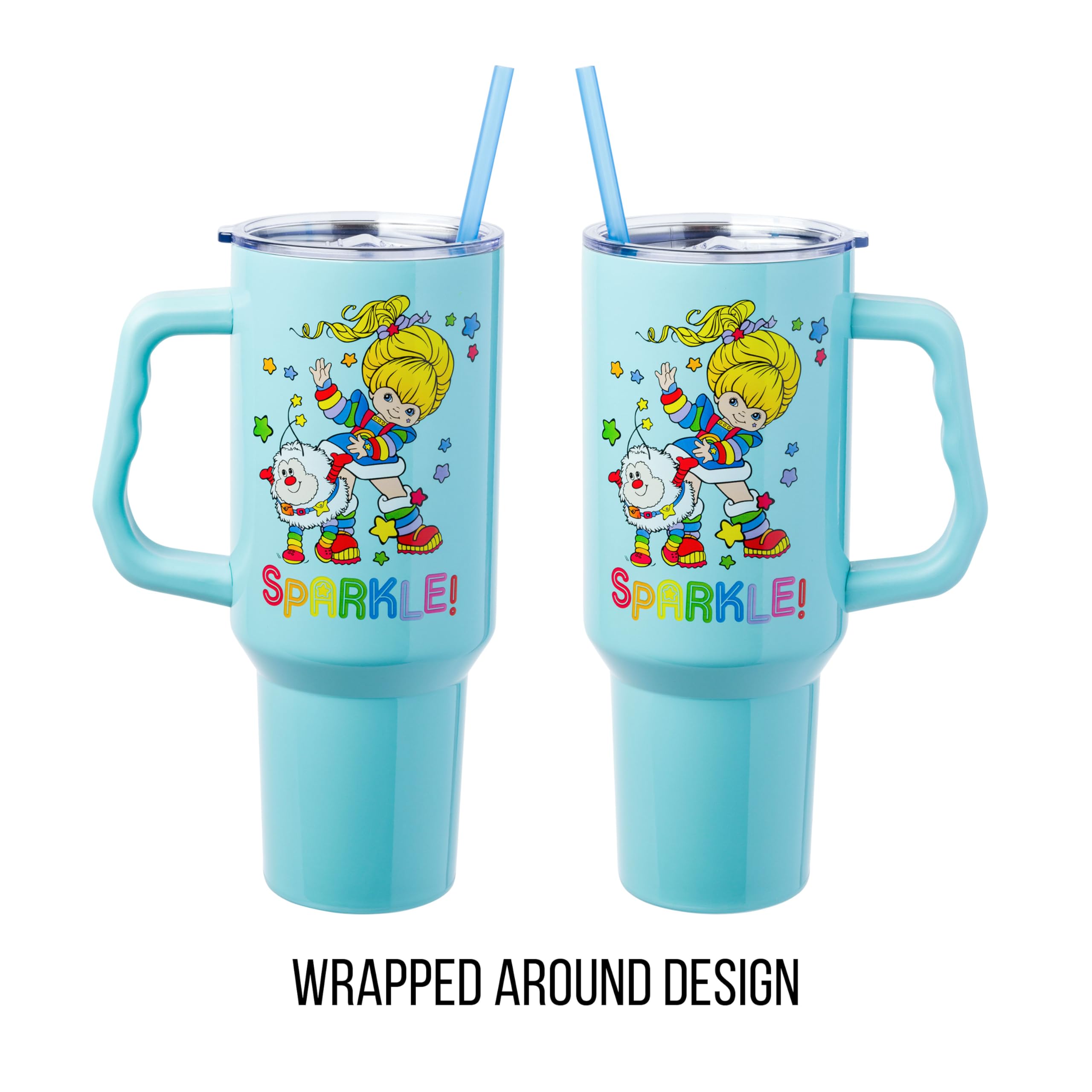 Silver Buffalo Rainbow Brite and Twink Sparkle Double Walled Stainless Steel Tumbler with Handle and Straw, Fits in Standard Cup Holder, 40 Ounces