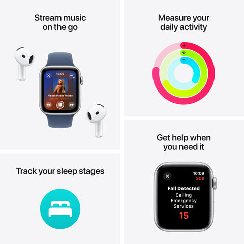 Apple Watch SE (2nd Gen) [GPS 44mm] Smartwatch with Silver Aluminum Case with Denim Sport Band M/L. Fitness and Sleep Trackers, Crash Detection, Heart Rate Monitor, Retina Display