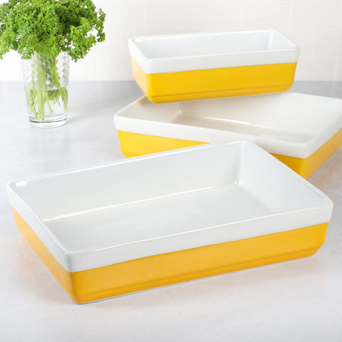 MARTHA STEWART 3-Piece Oven to Table Stoneware Bakeware Set – Baking Dish & Casserole Set – Yellow – Durable Oven-Safe Bakeware for Baking and Serving