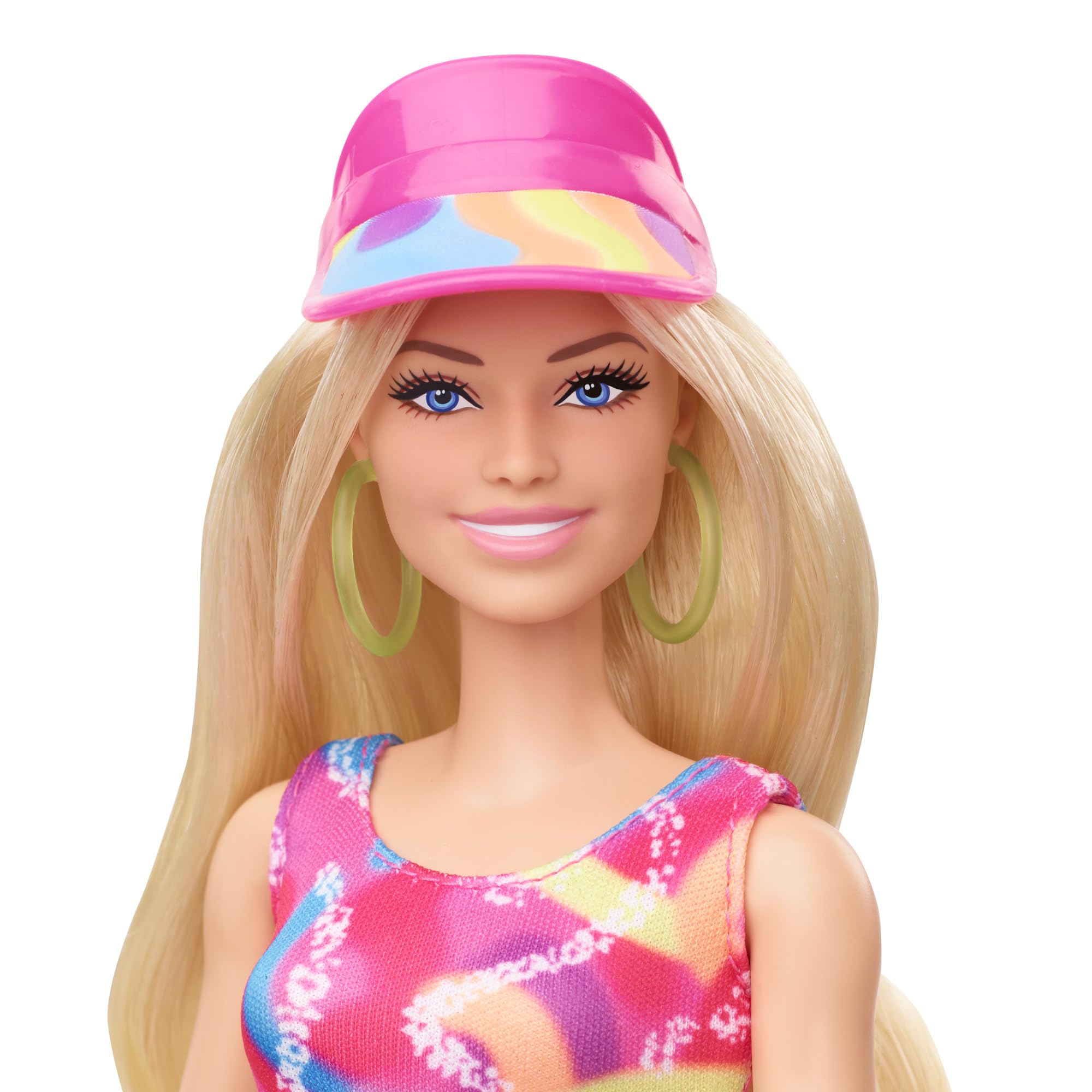 Barbie The Movie Margot Robbie - Skating Doll with Neon Outfit, Retro Gymnastics Suit, Pink Biker Shorts, Sun Shield, Neon Green Hoop Earrings, Skating Equipment, Impala Inline Skates, HRB04