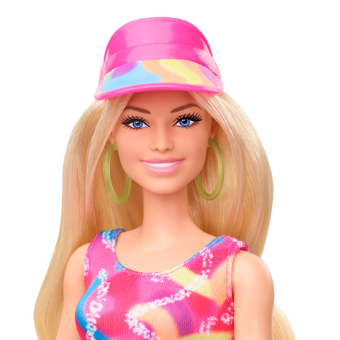 Barbie The Movie Margot Robbie - Skating Doll with Neon Outfit, Retro Gymnastics Suit, Pink Biker Shorts, Sun Shield, Neon Green Hoop Earrings, Skating Equipment, Impala Inline Skates, HRB04