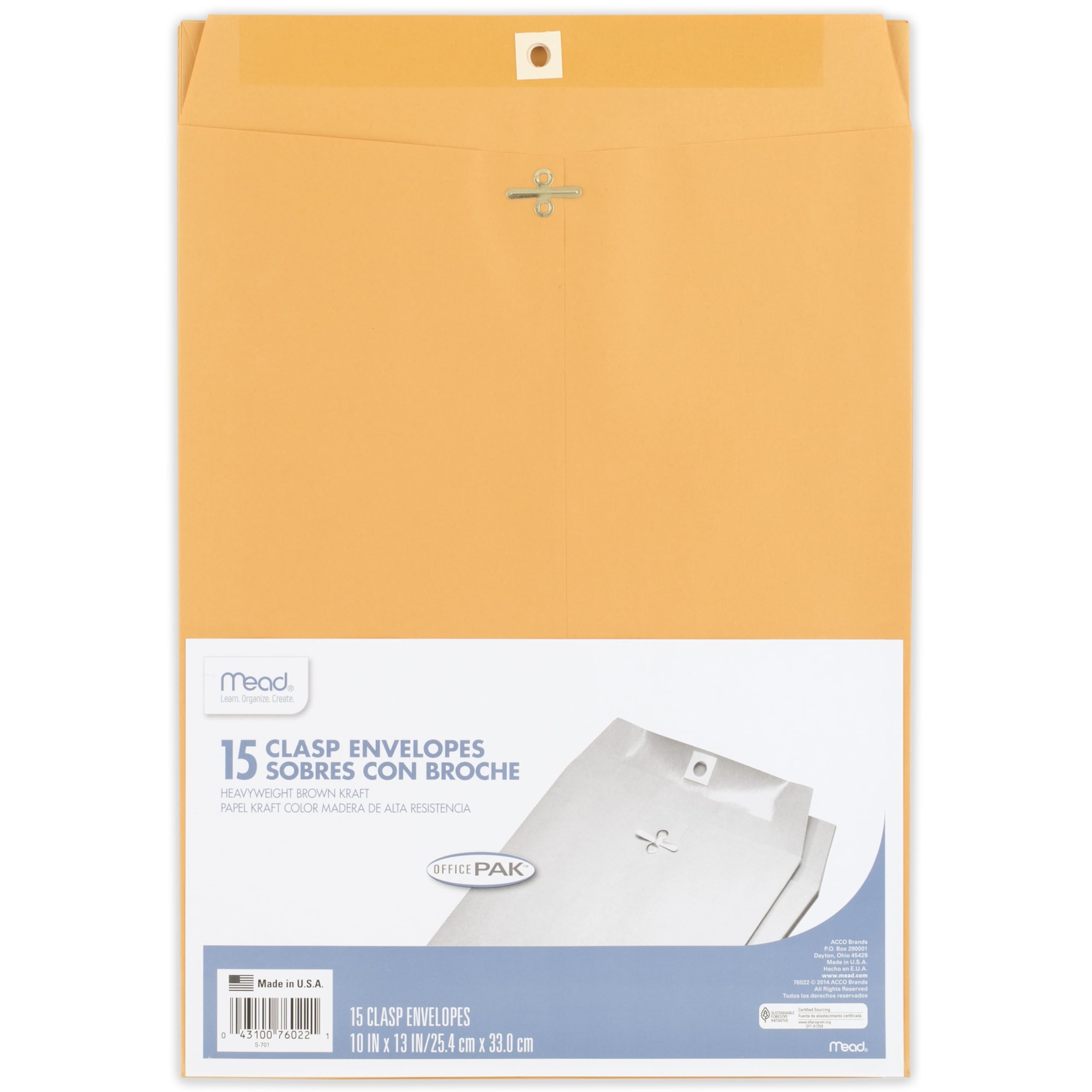 Mead Envelopes, 10" x 13", Clasp Closure, Brown Kraft All-Purpose 24-lb Paper Mailing Envelopes, 15 Count (76022)