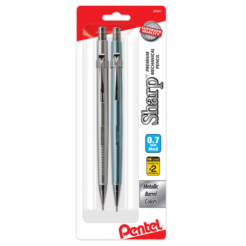 Pentel Sharp Mechanical Pencil (0.7mm) Metallic Barrels, Assorted Barrel Colors, Pack of 2 (P207MBP2M1)
