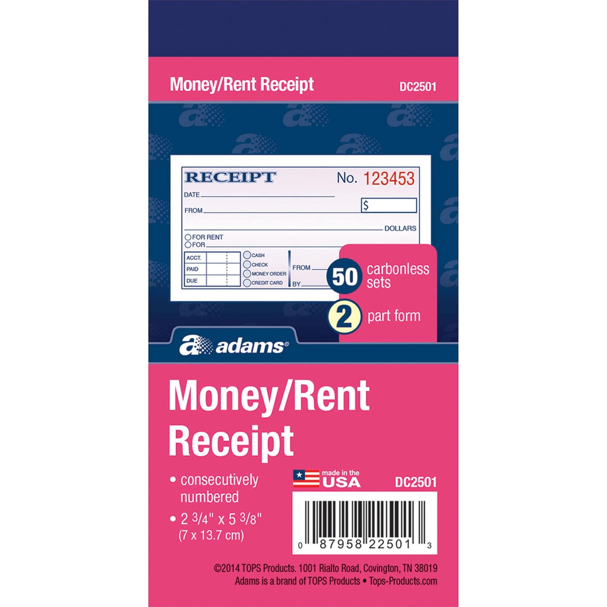 Adams Money and Rent Receipt, 2-3/4 x 5-3/8 Inches, 2-Parts, Carbonless, White/Canary, 50 Sets per Book (DC2501)