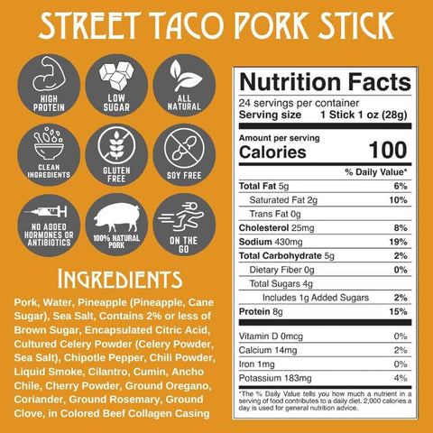 Righteous Felon Meat Sticks | 100% Pasture Raised Pork | 8g Protein per Stick | Keto, Gluten-Free, Low Sugar, High Protein Snack Sticks | Individually Wrapped | Street Taco Pork Sticks, 24 Count