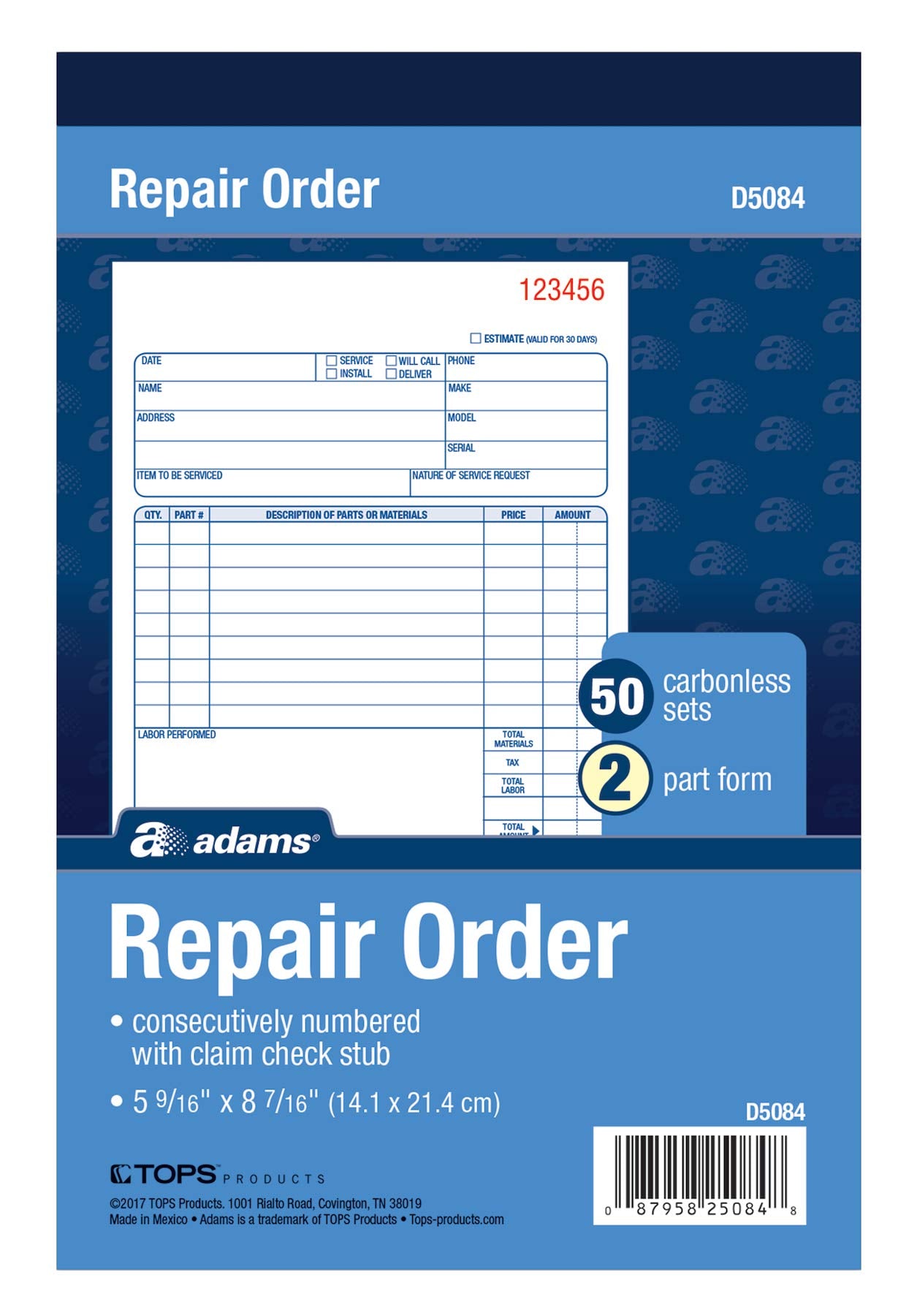 Adams Repair Order Book, Carbonless, 2-Part, White/White, 5-9/16 x 8-7/16 Inches, 50 Sets (D5084)