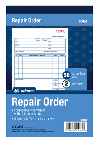 Adams Repair Order Book, Carbonless, 2-Part, White/White, 5-9/16 x 8-7/16 Inches, 50 Sets (D5084)
