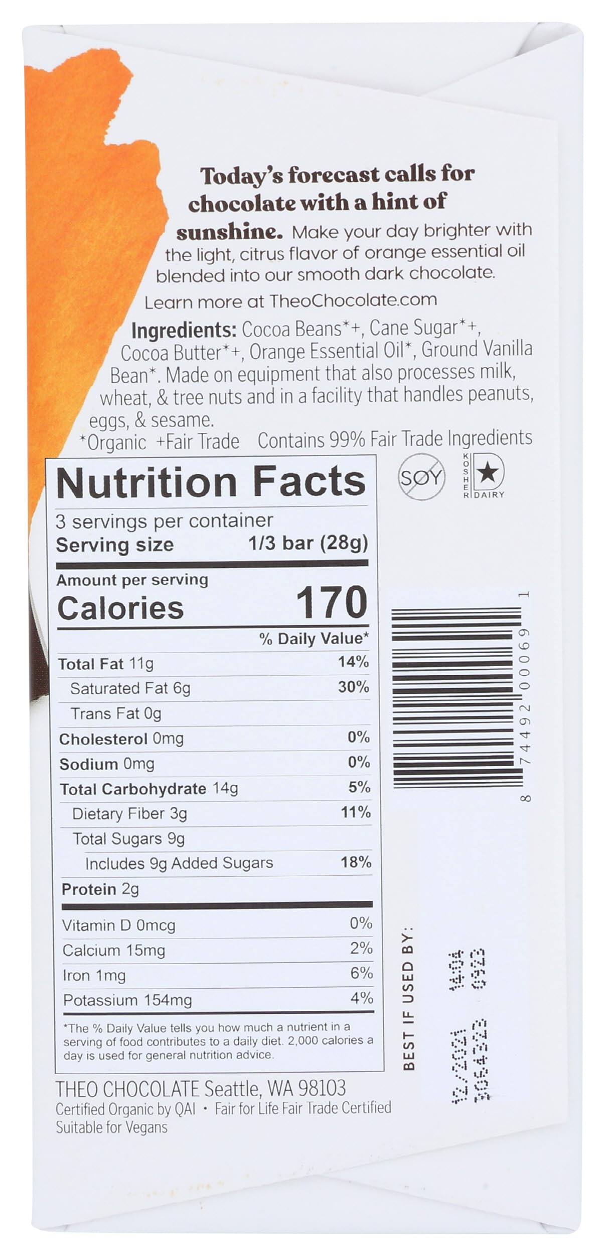 Theo Orange Organic Dark Chocolate Bar, 70% Cacao, 1 Bar | Vegan, Fair Trade