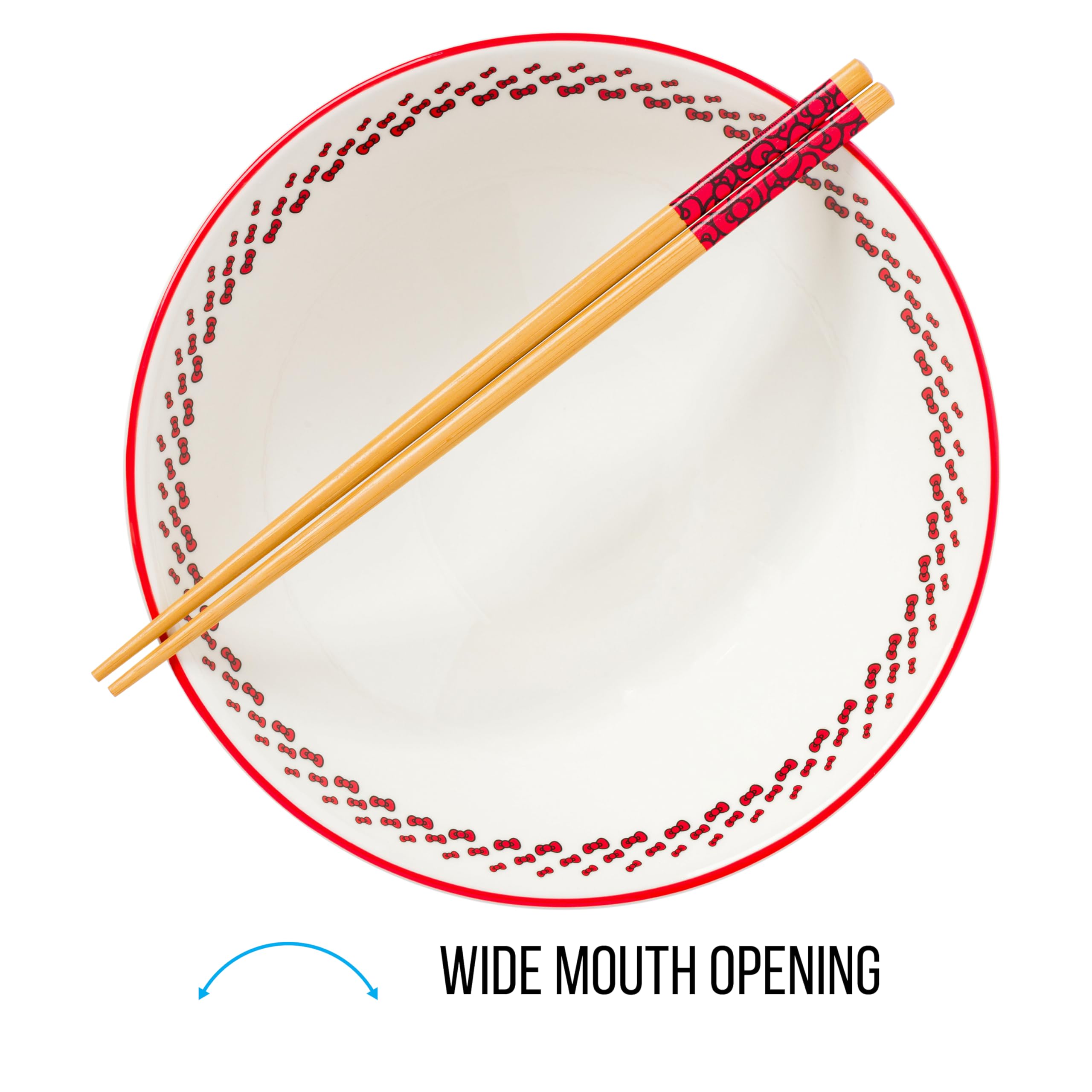 Silver Buffalo Hello Kitty Red Stripes and Bows Ceramic Ramen Noodle Rice Bowl with Chopsticks, Microwave Safe, 30 Ounces