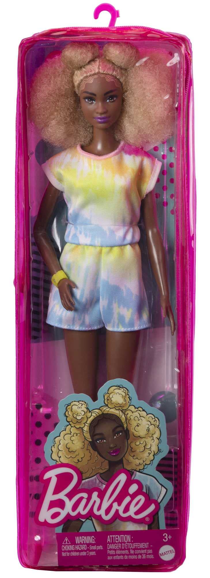 Barbie Fashionistas Doll, Tall, Blonde Afro with Side Puffs, Tie-dye Romper, Sneakers, Yellow Bracelet, Toy for Kids 3 to 8 Years Old
