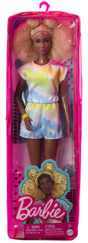Barbie Fashionistas Doll, Tall, Blonde Afro with Side Puffs, Tie-dye Romper, Sneakers, Yellow Bracelet, Toy for Kids 3 to 8 Years Old
